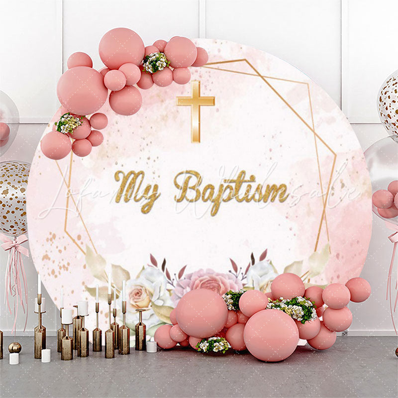 Lofaris Glitter Floral Cross My Baptism Round Backdrop Cover