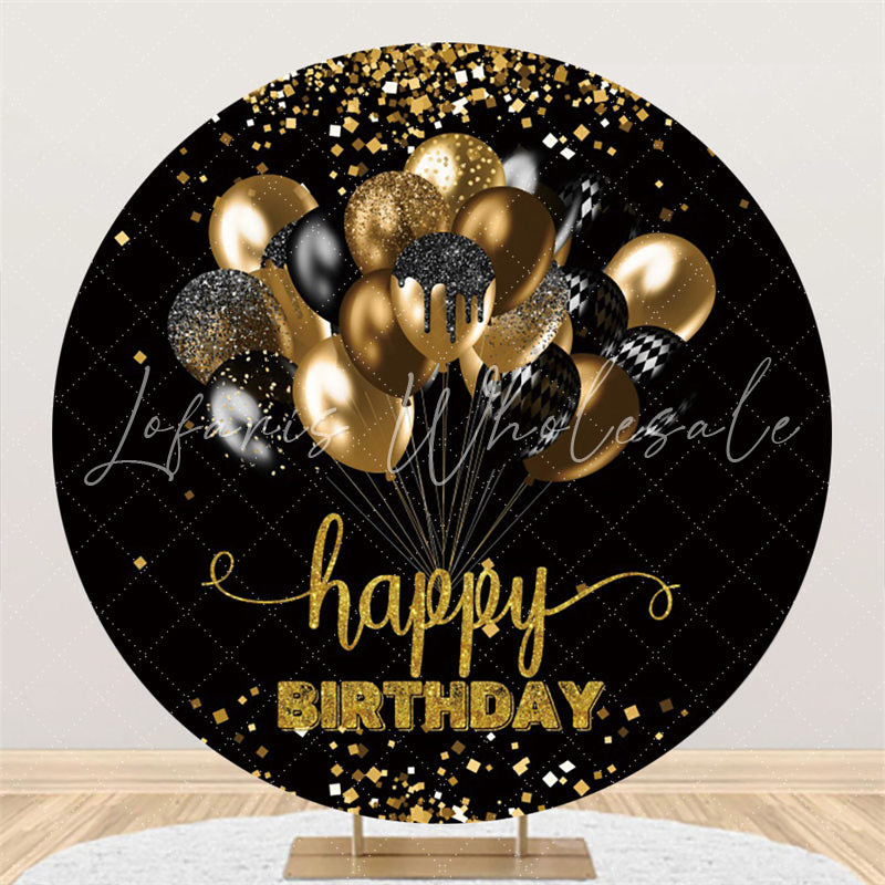 Lofaris Glitter Gold Black Balloons Birthday Circle Backdrop