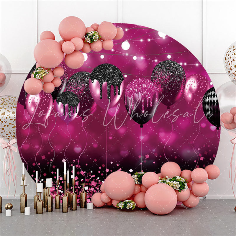 Lofaris Glitter Purple Black Balloon Birthday Round Backdrop