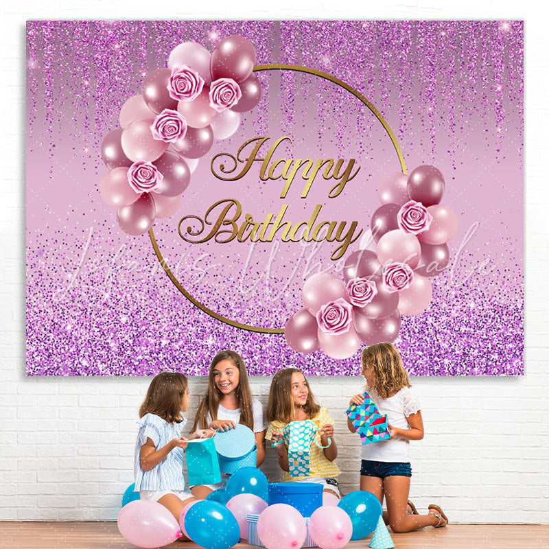 Lofaris Glitter Purple Rose And Balloon Happy Birthday Backdrop