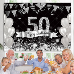 Lofaris Glitter Silver Balloons 50th Happy Birthday Backdrop