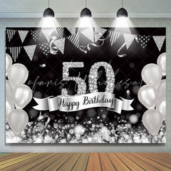 Lofaris Glitter Silver Balloons 50th Happy Birthday Backdrop