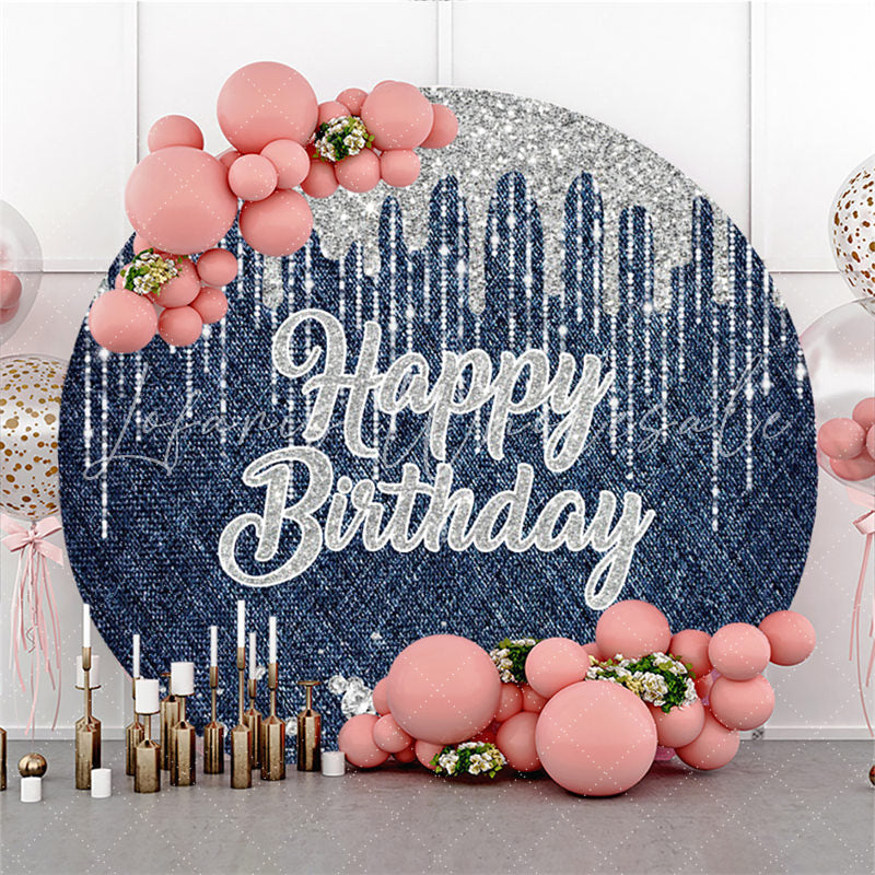 Lofaris Glitter Silver Water Drop Happy Birthday Circle Backdrop
