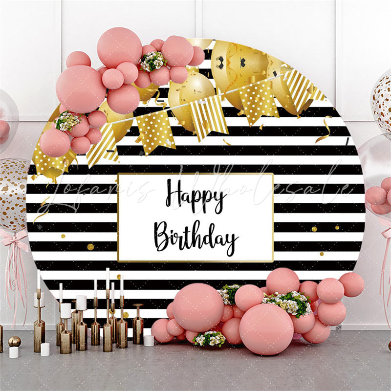 Lofaris Gold Balloon Black White Stripes Round Birthday Backdrop