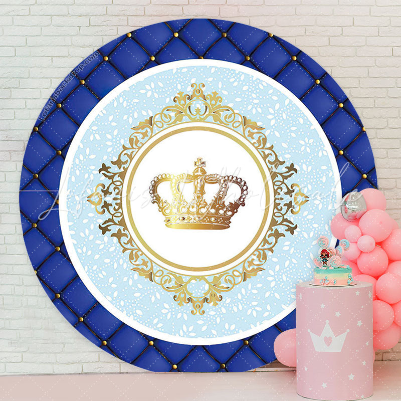 Lofaris Gold Crown Blue Birthday Party Round Backdrop Cover