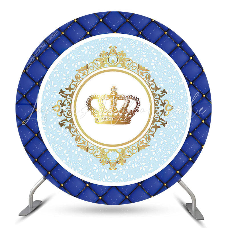 Lofaris Gold Crown Blue Birthday Party Round Backdrop Cover