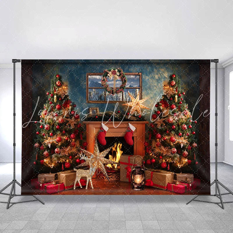 Lofaris Gold Elk Red Socks Fireplace Christmas Theme Backdrop