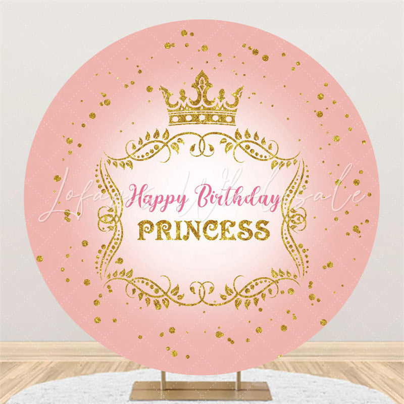 Lofaris Gold Glitter Crown Round Pink Happy Birthday Backdrop