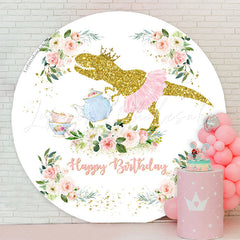 Lofaris Gold Glitter Dinosaur Floral Round Birthday Backdrop