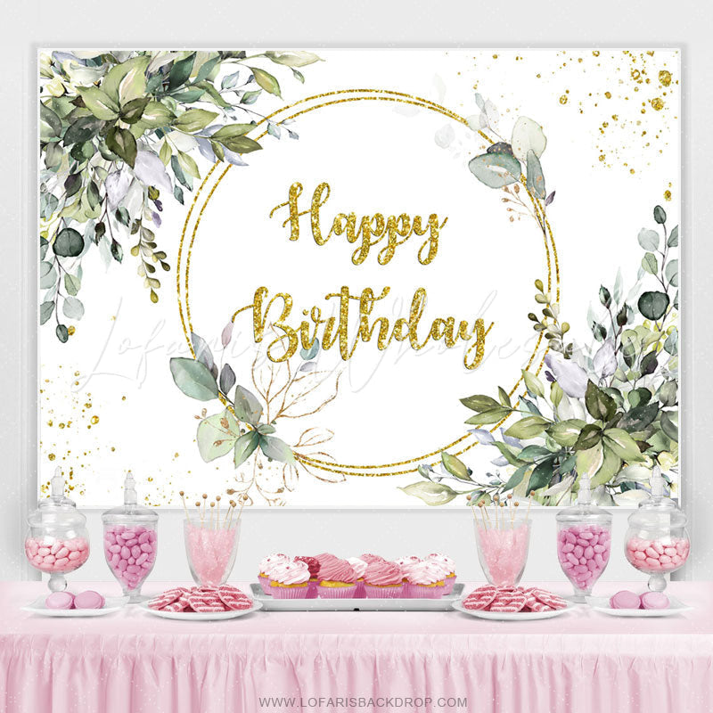 Lofaris Gold Glitter Green Leaves Happy Birthday Backdrop Banner