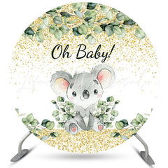 Lofaris Gold Glitter Green Leaves Round Baby Shower Backdrop