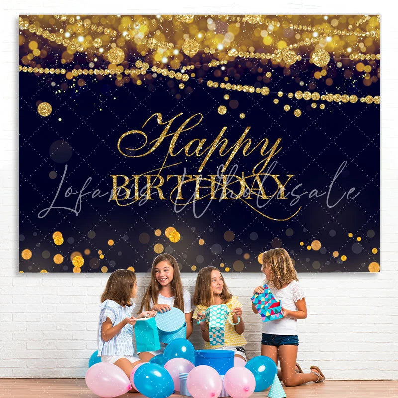 Lofaris Gold Glitter Happy Birthday Black Bokeh Backdrop for Party