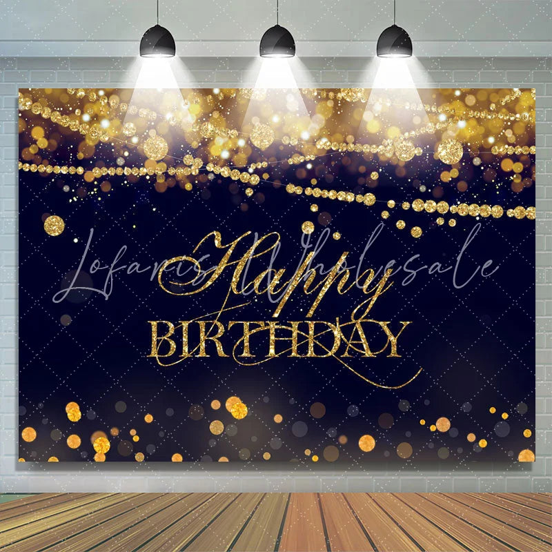 Lofaris Gold Glitter Happy Birthday Black Bokeh Backdrop for Party