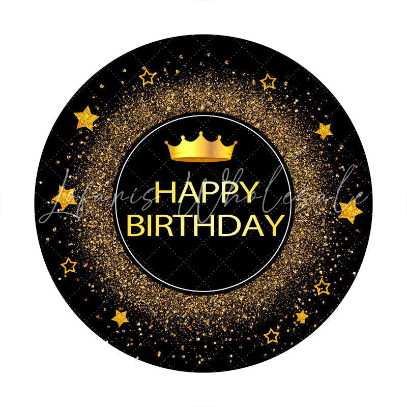 Lofaris Gold Glitter Star Round Black Happy Birthday Backdrop