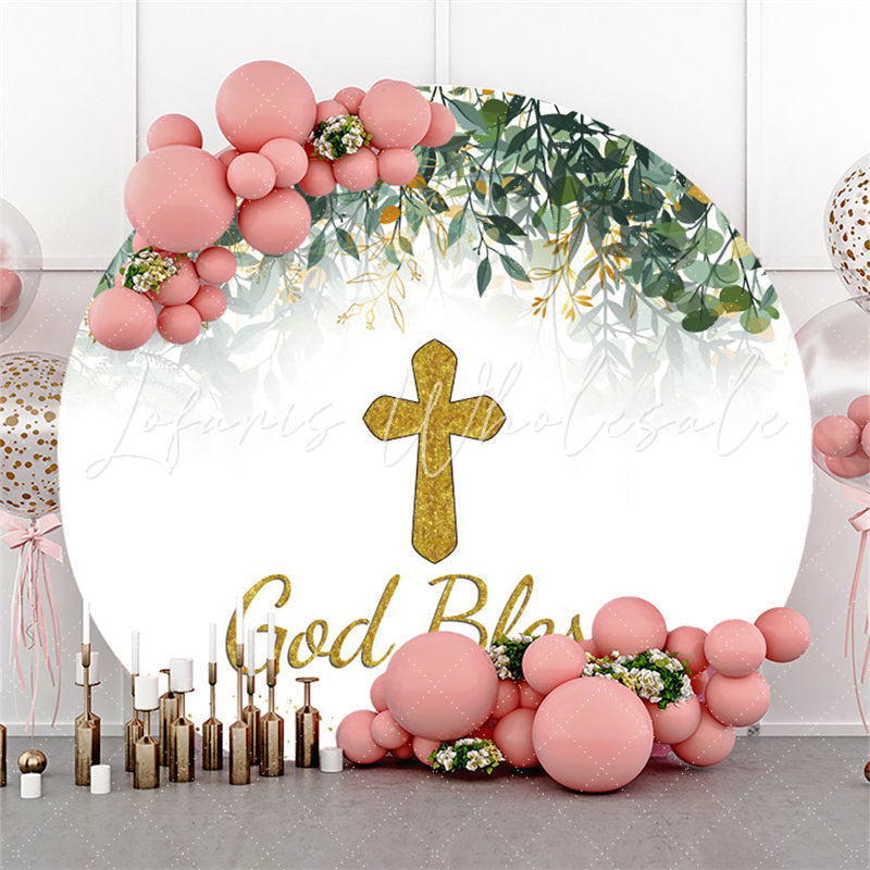 Lofaris Gold God Bless Leaves Happy Birthday Round Backdrop