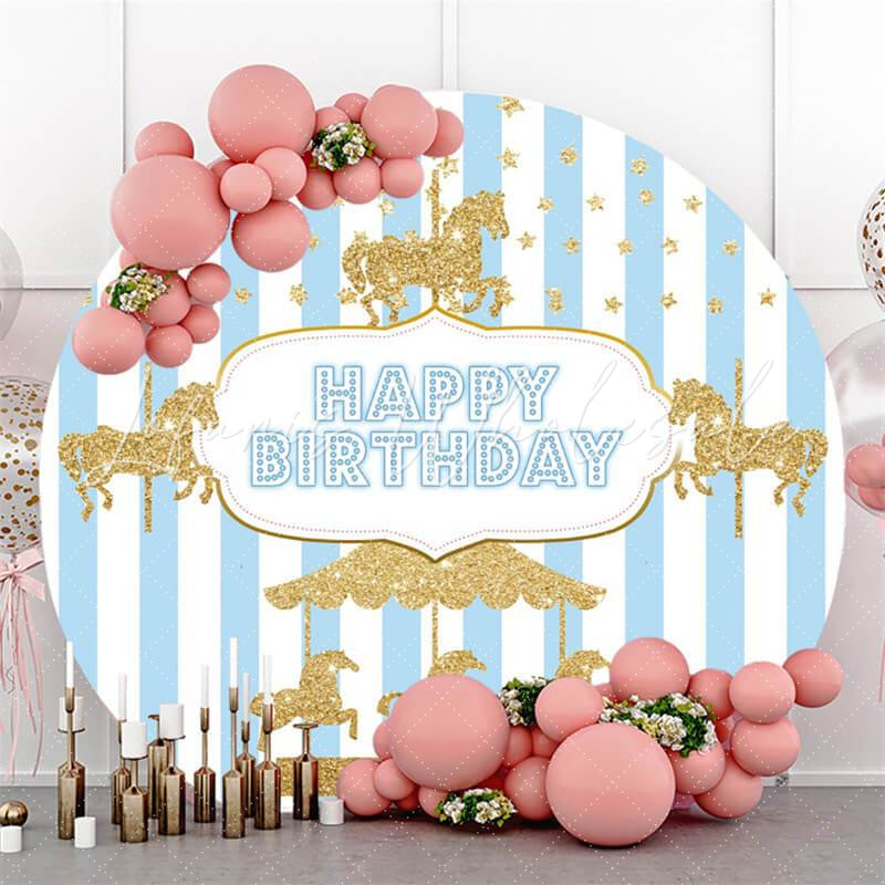 Lofaris Gold Merry Go Round And Blue Birthday Backdrop