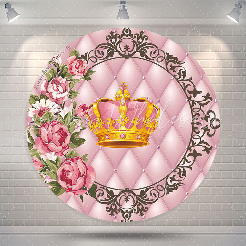 Lofaris Gold Pink Crown Floral Birthday Round Backdrop Cover