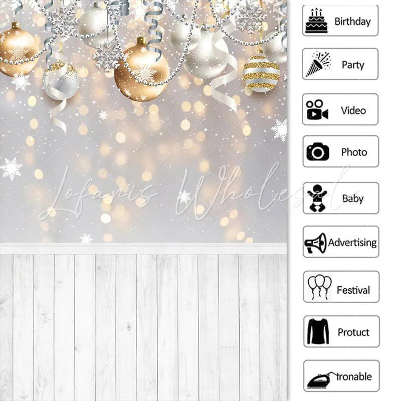 Lofaris Gold Silver Ball Glitter Snowflake Wood Floor Christmas Backdrop