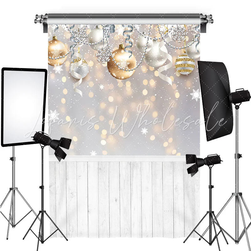 Lofaris Gold Silver Ball Glitter Snowflake Wood Floor Christmas Backdrop