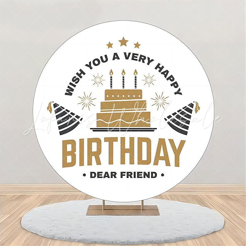 Lofaris Golden Cake Black Hat Stars Round Birthday Backdrop