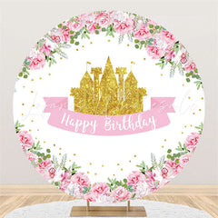 Lofaris Golden Castle Pink Flower Cirlce Happy Birthday Backdrop