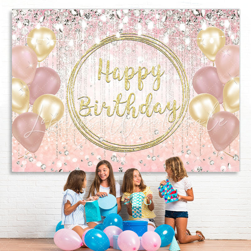 Lofaris Golden Pink And Glitter Balloon Happy Birthday Backdrop