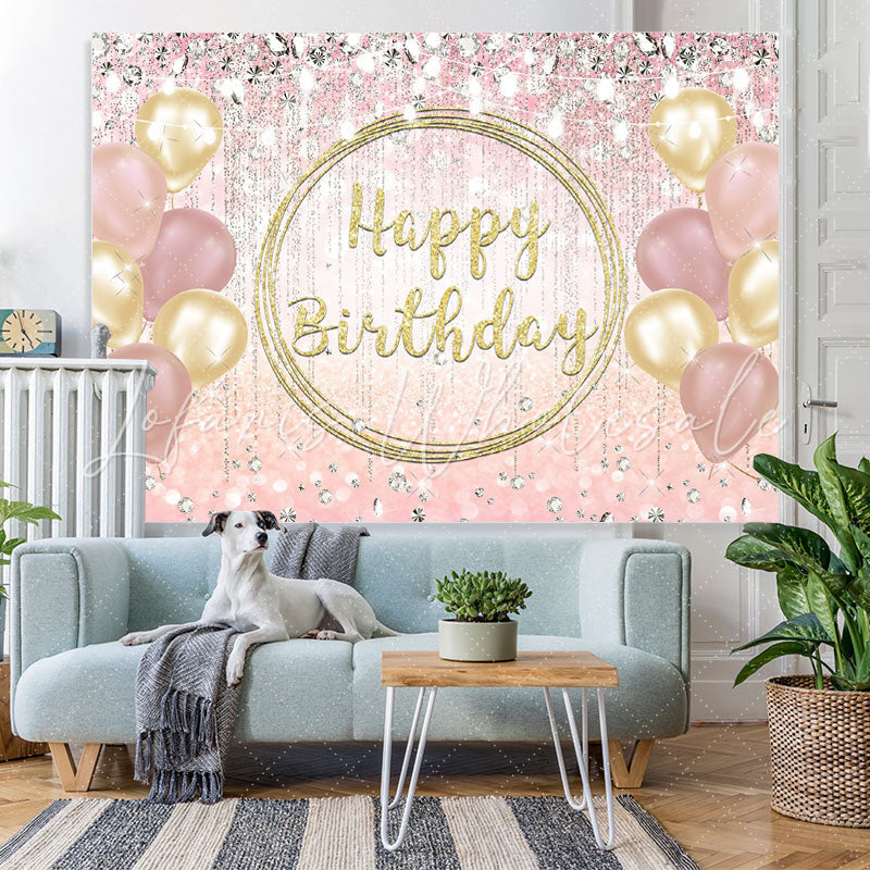Lofaris Golden Pink And Glitter Balloon Happy Birthday Backdrop
