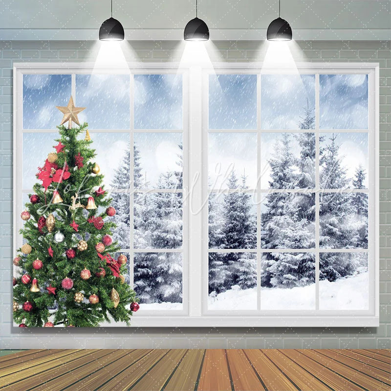 Lofaris Green Christmas Tree And Outside Snowy World Backdrop