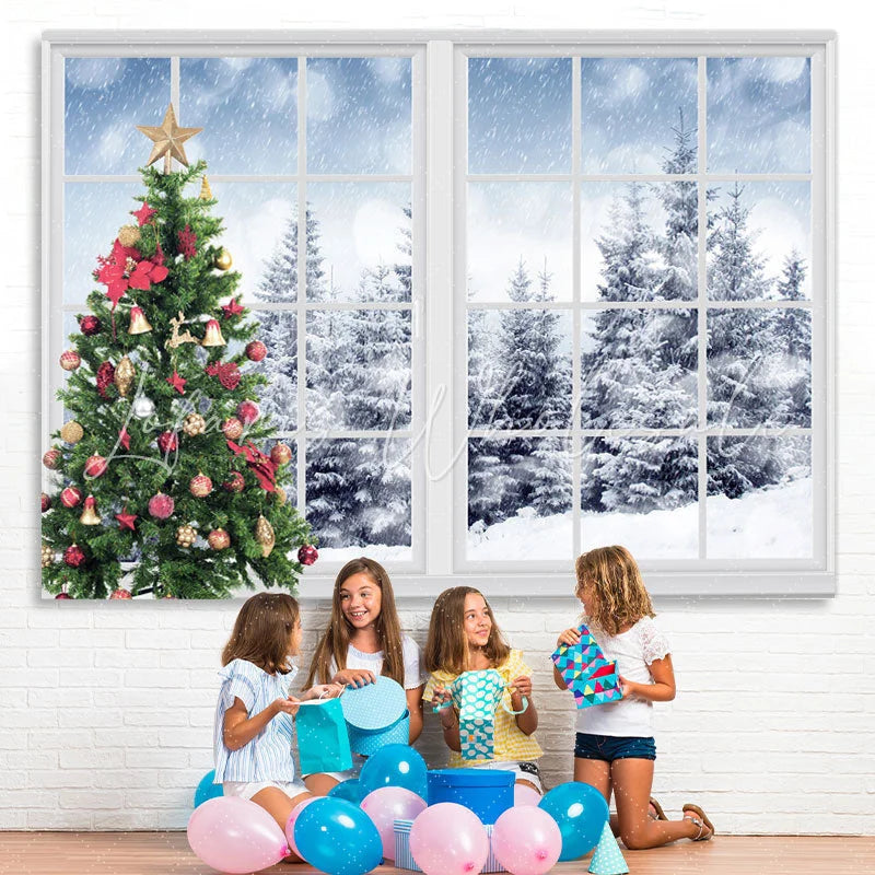 Lofaris Green Christmas Tree And Outside Snowy World Backdrop