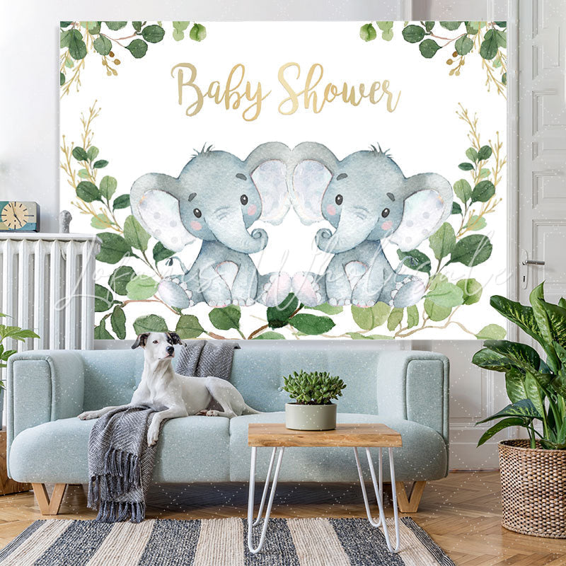 Lofaris Green Leaves And Elephants Baby Shower Backdrop