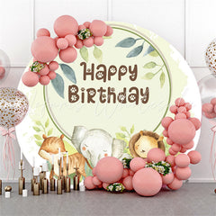 Lofaris Green Leaves Round Animals Happy Birthday Backdrop