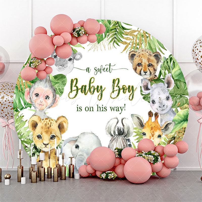 Lofaris Green Monstera Animals Round Baby Shower Backdrop