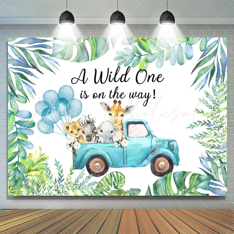 Lofaris Green Plant Blue Truck With Animals Birthday Backdrop