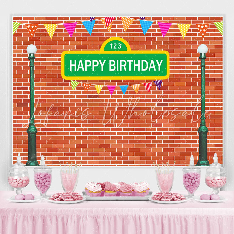 Lofaris Green Street Lamp And Red Brick Happy Birthday Backdrop