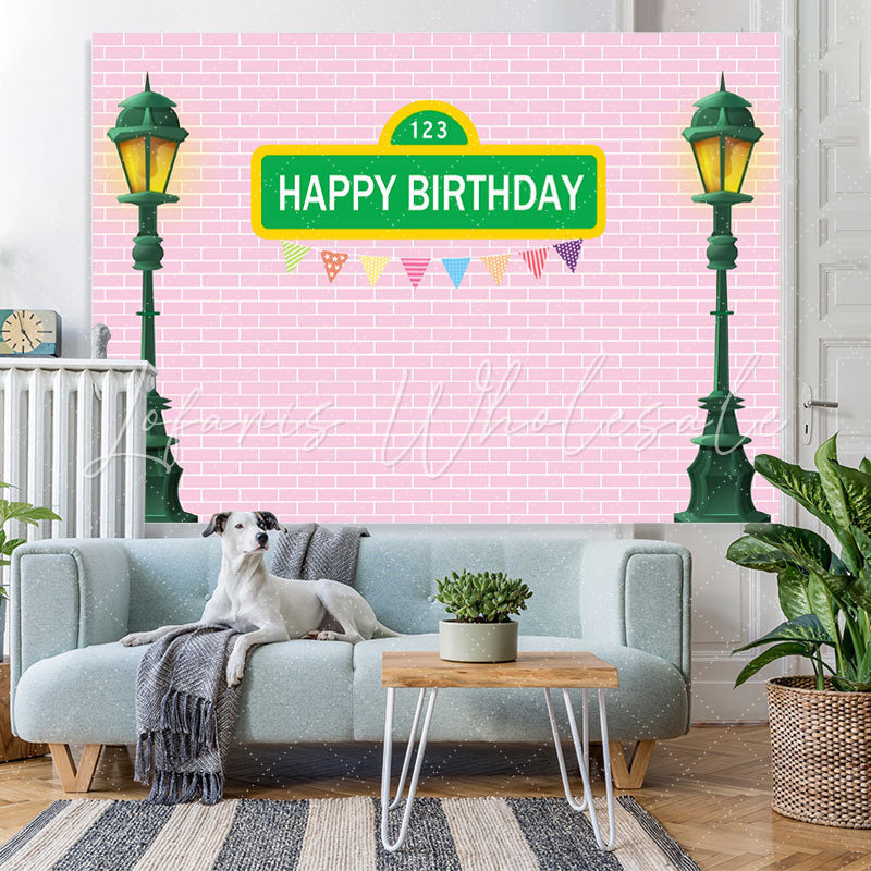 Lofaris Green Street Lamp With Pink Brick Birthday Backdrop