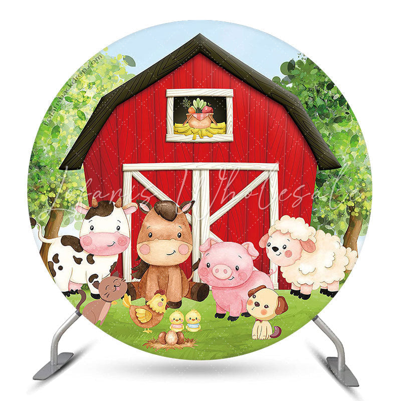 Lofaris Green Tree Red Farm Brithday Round Backdrop Cover