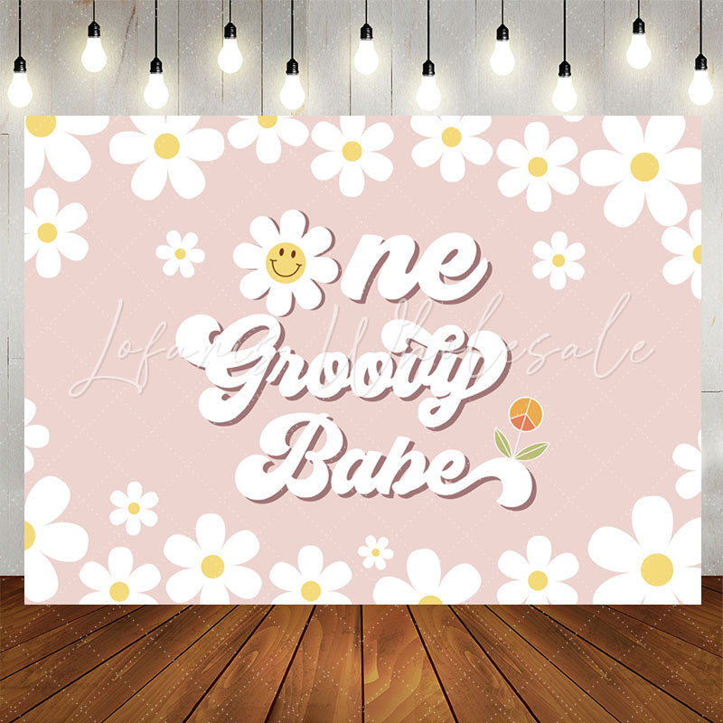 Lofaris Groovy Babe White Daisys Happy 1st Birthday Backdrop