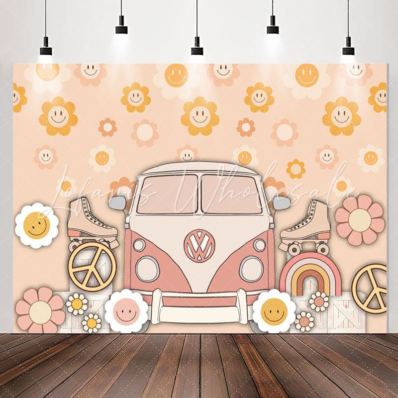 Lofaris Groovy Flowers Bus Roller Skates Birthday Backdrop