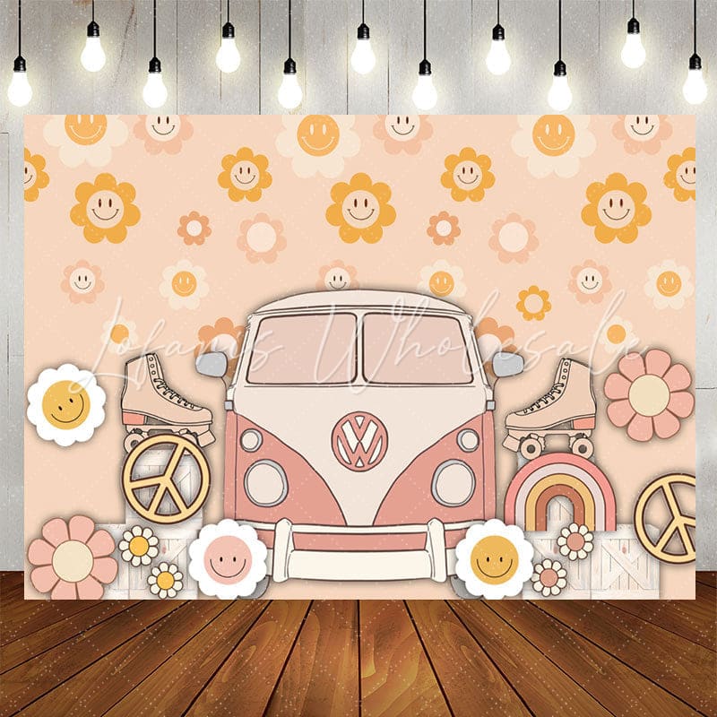 Lofaris Groovy Flowers Bus Roller Skates Birthday Backdrop
