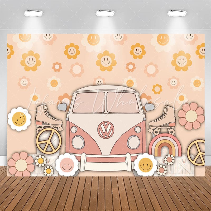 Lofaris Groovy Flowers Bus Roller Skates Birthday Backdrop