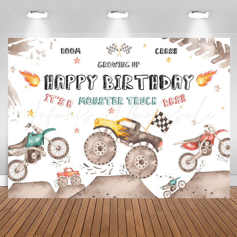 Lofaris Growing Up Monster Truck Bash Boy Birthday Backdrop