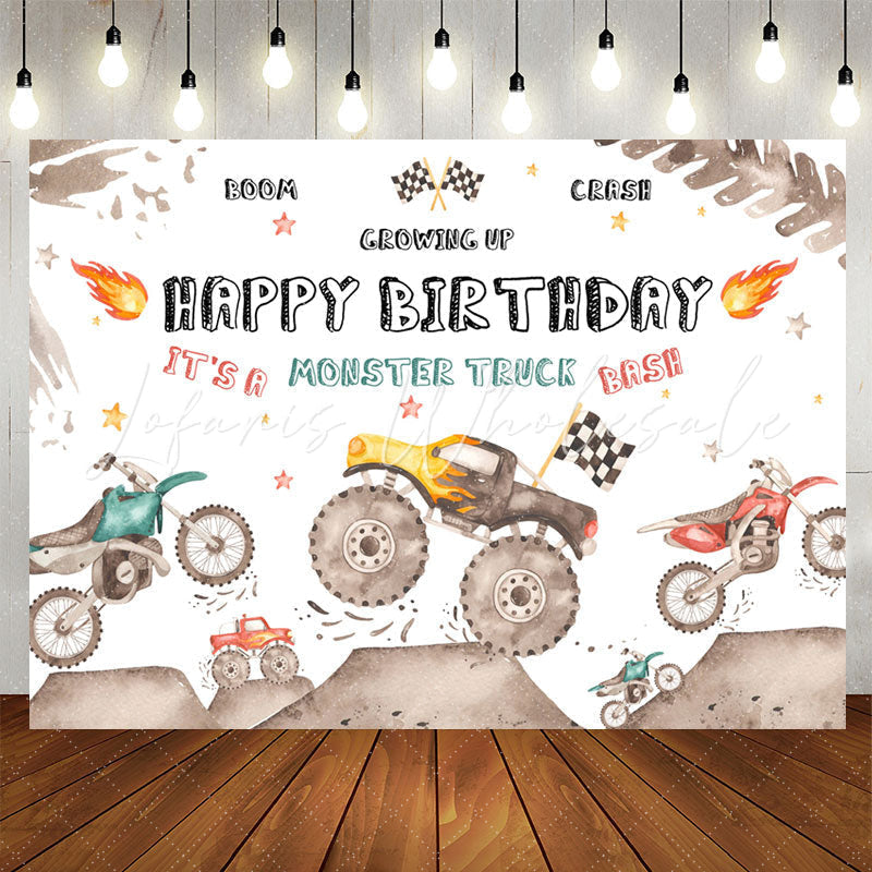 Lofaris Growing Up Monster Truck Bash Boy Birthday Backdrop