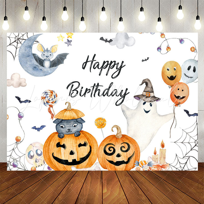 Lofaris Halloween Pumpkin Bat Cat Happy Birthday Backdrop