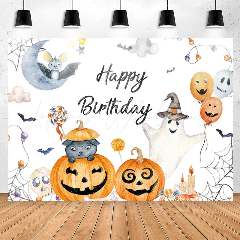Lofaris Halloween Pumpkin Bat Cat Happy Birthday Backdrop