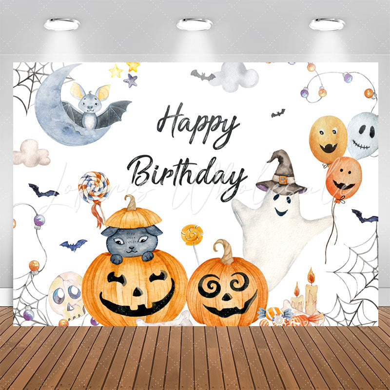 Lofaris Halloween Pumpkin Bat Cat Happy Birthday Backdrop