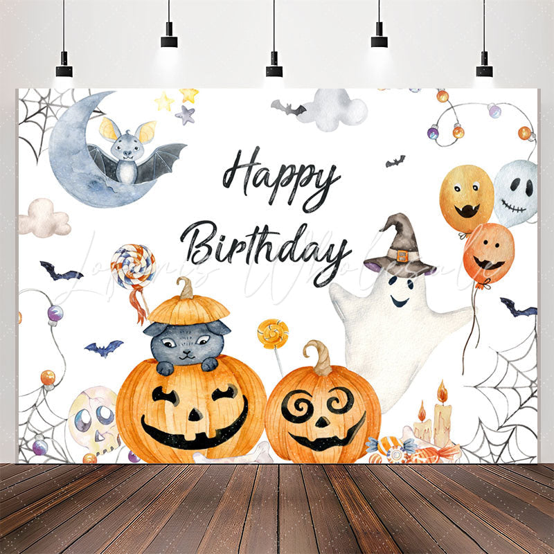 Lofaris Halloween Pumpkin Bat Cat Happy Birthday Backdrop