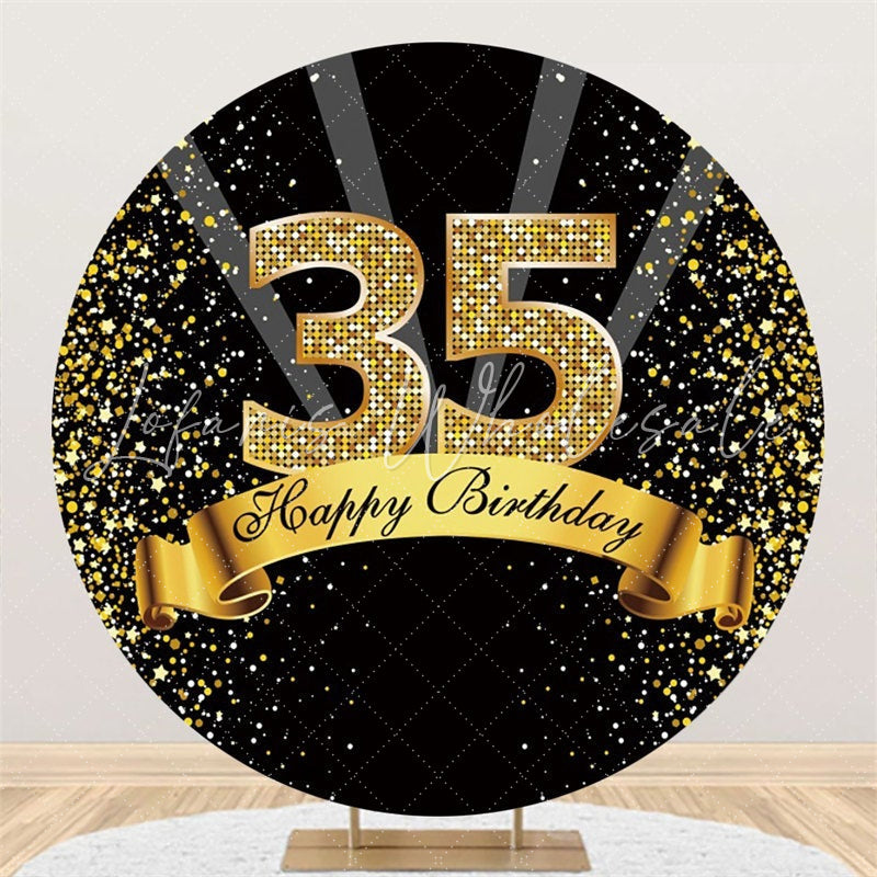 Lofaris Happy Birthday for 35th Black Gold Glitter Round Backdrops
