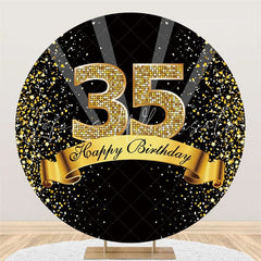 Lofaris Happy Birthday for 35th Black Gold Glitter Round Backdrops