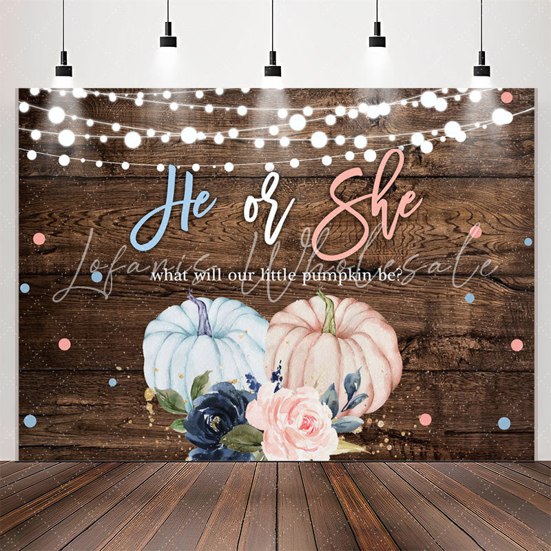 Lofaris He Or She Pumpkin Floral Wood Gender Reveal Backdrop