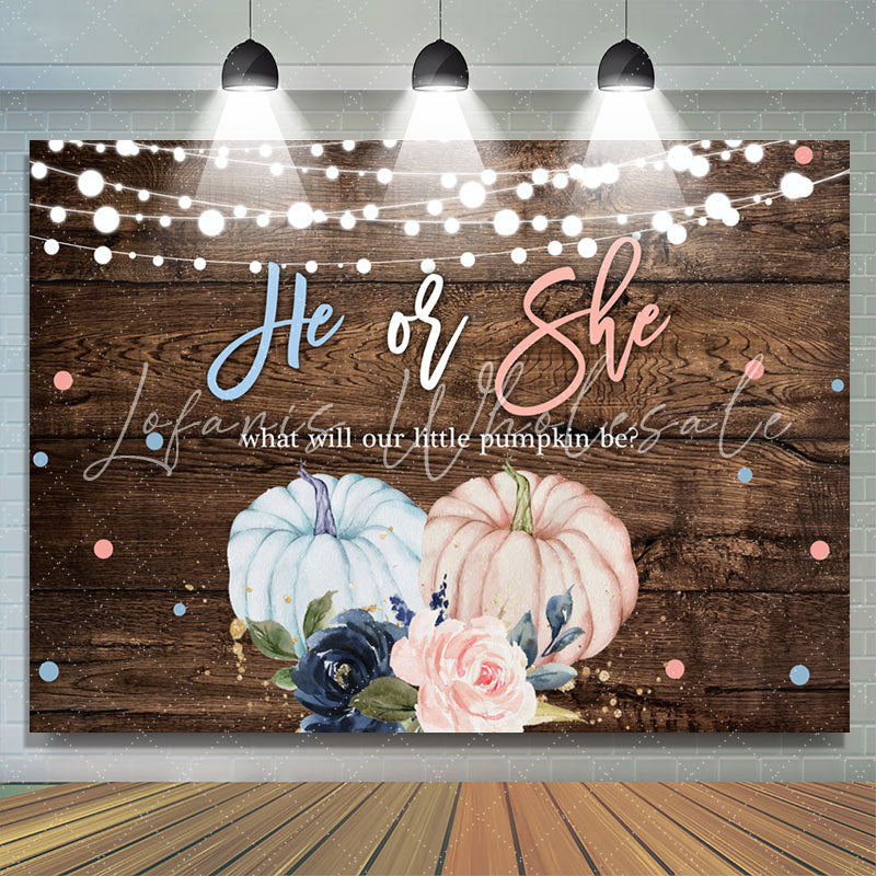 Lofaris He Or She Pumpkin Floral Wood Gender Reveal Backdrop